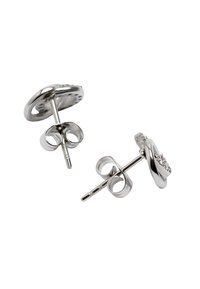 Srebrne metalowe kolczyki-stud z okrągłym kształtem, z fakturowaną powierzchnią i małymi błyszczącymi akcentami. Zapięcie motylkowe z tyłu.