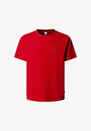 Sarkans kokvilnas T-krekls ar apaļu kakla izgriezumu, īsām piedurknēm un mazu zilu logotipu kreisajā krūtī. Gluda tekstūra, standarta piegriezums.