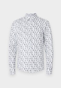 Hvit skjorte med krage og knapper, med et gjentakende svart og grått design av blekksprut og sirkler. Lange ermer, blanding av bomull.