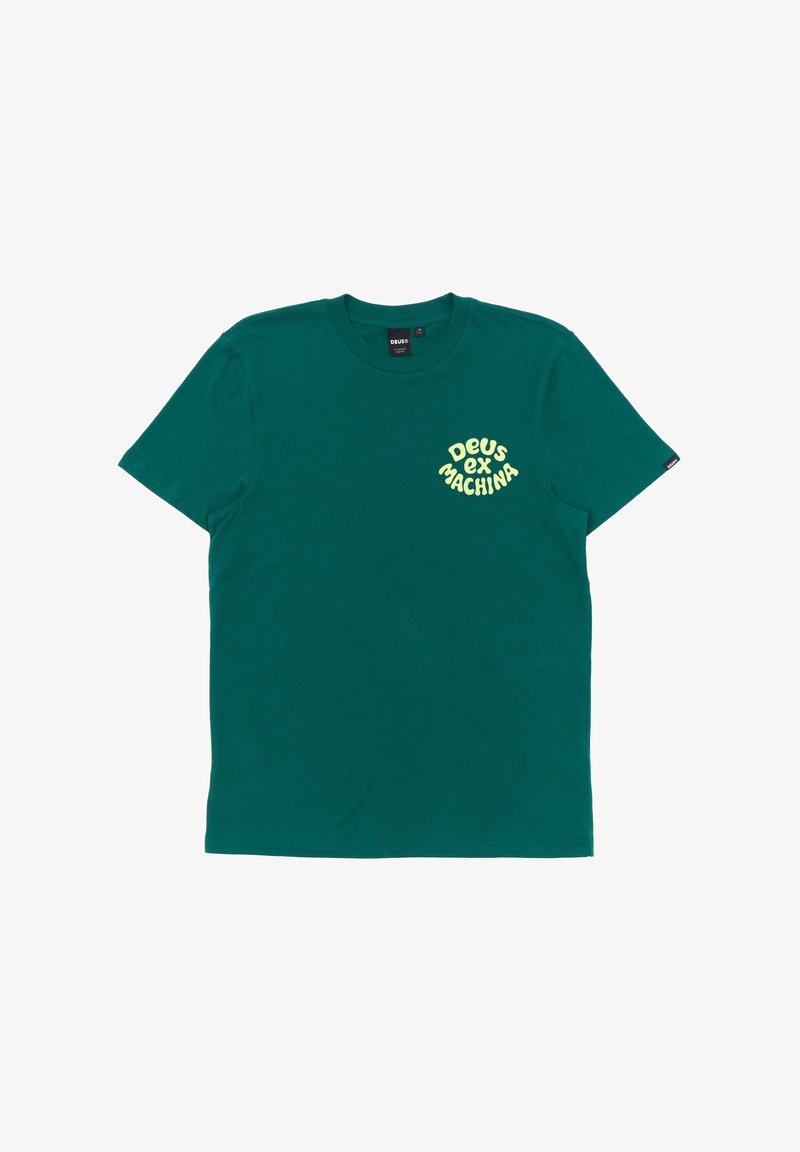Green cotton t-shirt with short sleeves, round neck, and yellow "DEUS ex MACHINA" text on the front. Soft texture, casual fit.