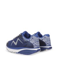 Scarpe sportive blu con una tomaia in rete, dotate di motivi a onda bianchi, una suola imbottita e un logo grigio sul lato.