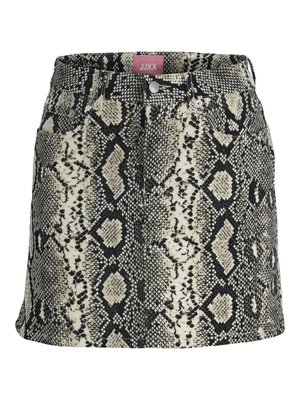 Svart, beige og hvit A-linjet miniskjørt med falskt slangeskinnsmønster, frontlommer og knappet midjebånd.