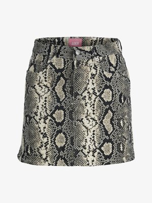 Juodos, smėlio spalvos ir balto netikro gyvatės odos rašto A silueto mini sijonas su priekinėmis kišenėmis ir sagomis užsegamu liemeniu.