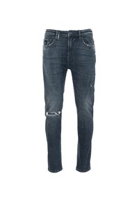 Zesvětlé tmavě modré džíny s úzkým střihem, které mají zdrsněné záplaty, přední zapínání na knoflíky a design s pěti kapsami. Povrchová textura je hladká.