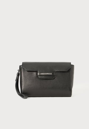 Black leather clutch bag with a flap closure, featuring a metal DSQUARED2 logo and a detachable wrist strap. Smooth texture and structured shape.