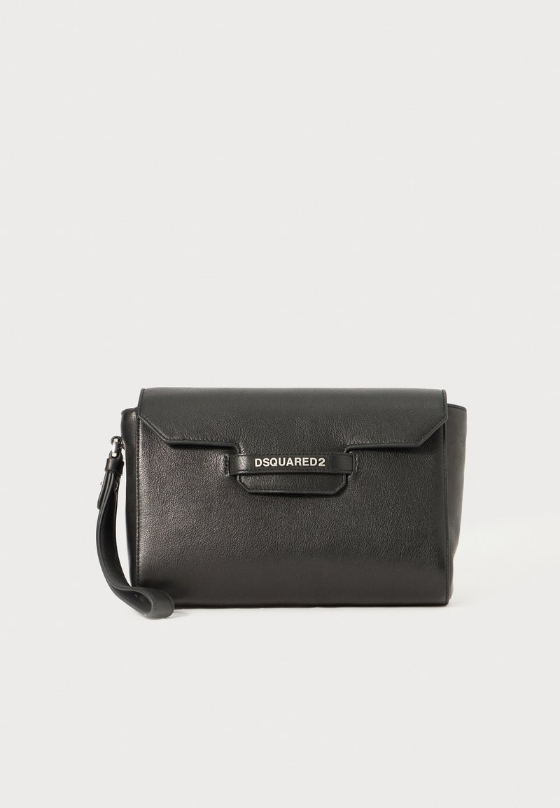 Black leather clutch bag with a flap closure, featuring a metal DSQUARED2 logo and a detachable wrist strap. Smooth texture and structured shape.