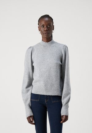 Gray knitted sweater with a high neckline, puffed sleeves, and ribbed hem. Made from soft material, featuring a textured finish.