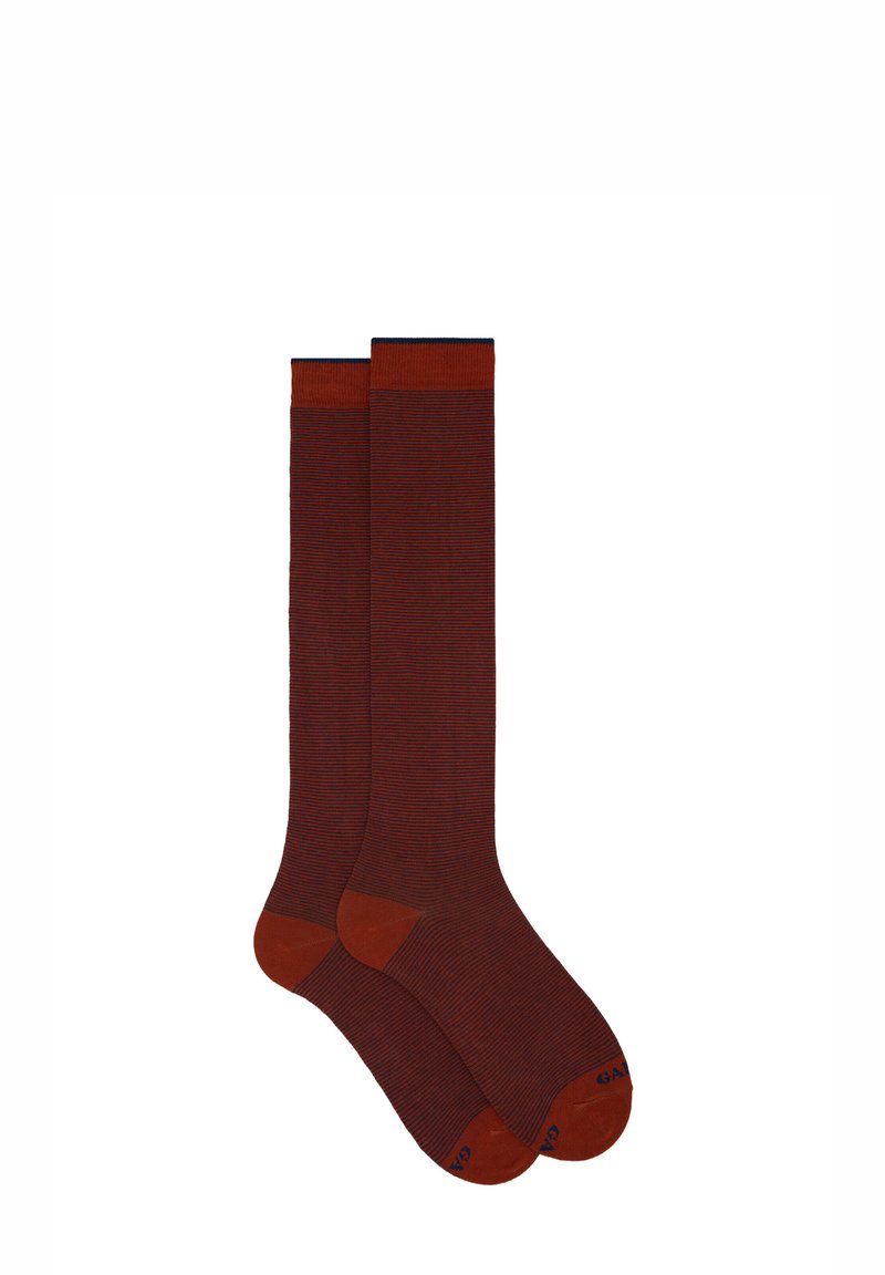 Calze a coste lunghe fino al ginocchio di colore rosso scuro con polsini e punte di un colore solido a contrasto. Texture liscia con motivo a strisce verticali.