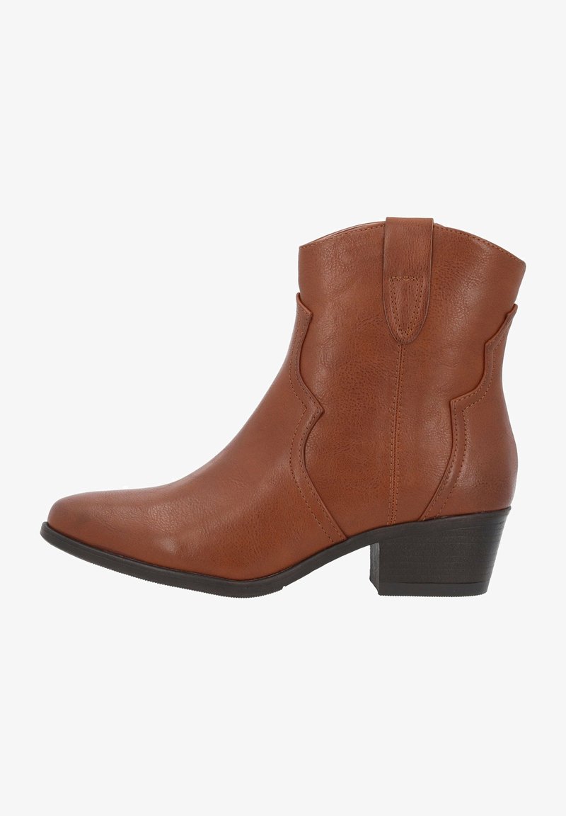 Brown faux leather ankle boot with a slightly pointed toe, western-style stitching, and a low stacked heel. Smooth texture and side pull tabs.