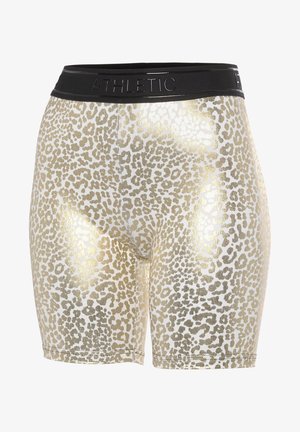 Metallic gold and white athletic shorts featuring a leopard print pattern. Black elastic waistband with "ATHLETIC" embossed logo detail.