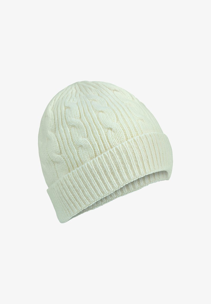 Gebreide beanie in off-white, met een textuurpatroon van kabels en een geribbelde boord voor warmte en comfort. Zacht, rekbaar materiaal.