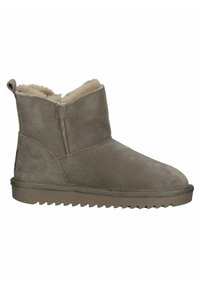 Grijze suede enkellaarsjes met een zachte bontvoering en een gestructureerde rubberen zool. Beschikt over een zijnaad en een treklus aan de achterkant voor gemakkelijke instap.