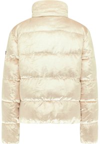 Chaqueta acolchada de suave terciopelo beige claro, con un cuello alto y paneles cosidos horizontalmente, con una silueta corta.