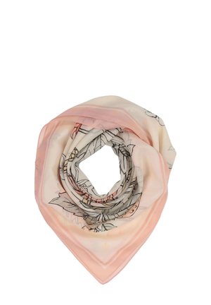 Kwadratowa jedwabna chustka z delikatną różową obwódką i kwiatowymi wzorami czarnych i szarych liści, złożona w spiralny kształt.