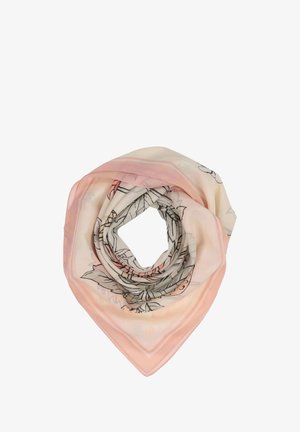 Foulard carré en soie avec bordure rose pâle et motifs floraux de feuilles noires et grises, plié en forme de spirale.