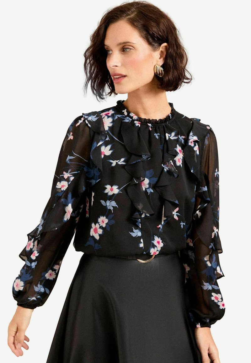 Love & Roses PRINT RUFFLE NECK LONG SLEEVE - Blůza - black floral