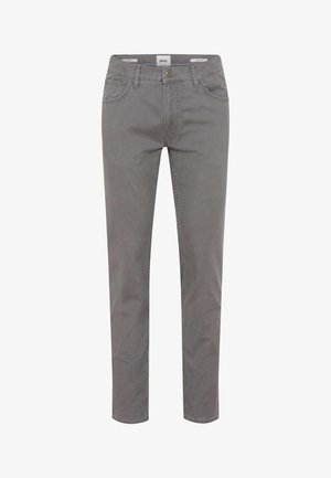 Graue Slim-Fit-Jeans mit fünf Taschen, hergestellt aus einem Baumwollmischgewebe. Verfügt über einen Reißverschluss und eine Metallknopfleiste, mit glatter Textur.