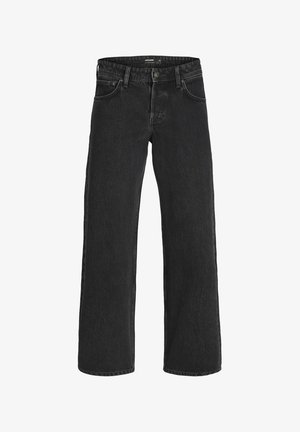 Schwarze Jeans mit weit geschnittenem Design, ausgestattet mit einem Knopfverschluss, normalen Taschen und einer leichten Textur. Saubere Verarbeitung am Saum.