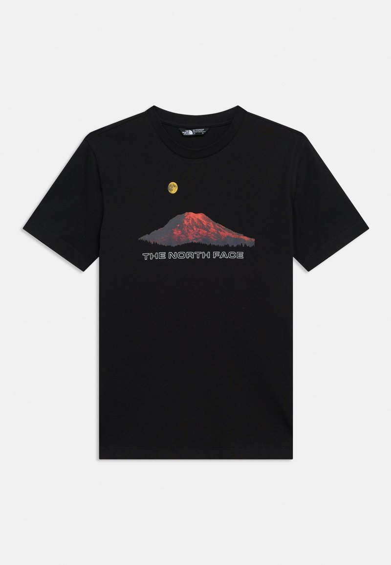 Must lühikeste varrukatega T-särk punase mäetipugraafikaga, kollase kuuga üleval ja "THE NORTH FACE" tekstiga kujunduse all.