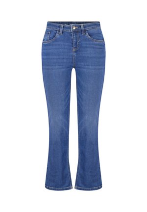 Blauwe denim jeans met wijde pijpen, vijfzakkenontwerp, subtiele wassing en een taillehoogte op middenhoogte. Afgewerkt met een metalen knoopsluiting.