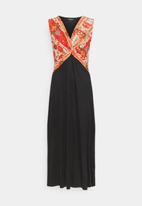 Robe maxi sans manches avec jupe noire et corsage tordu à motifs paisley rouges, roses et orange, avec décolleté en V.