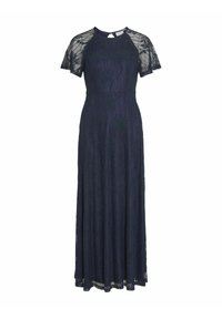 Robe longue bleu marine avec manches courtes en dentelle, taille cintrée, et superposition de dentelle florale sur le corsage et les manches.