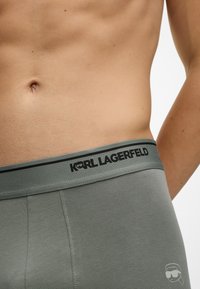 Γκρι βαμβακερά μποξεράκια διαθέτουν μια μαύρη λωρίδα στο ελαστικό που έχει διπλές ρίγες και μια μικρή γραφική λεπτομέρεια στο κάτω μέρος του ποδιού.