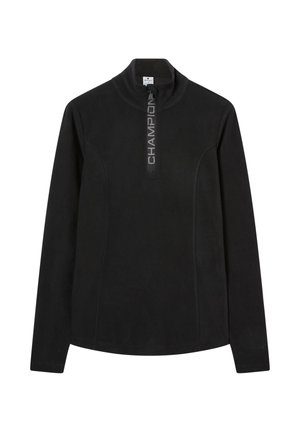 Zwarte fleece pullover met een kwart-rits kraag, voorzien van een grijs "CHAMPION" logo aan de voorkant en lange mouwen met een fitted ontwerp.