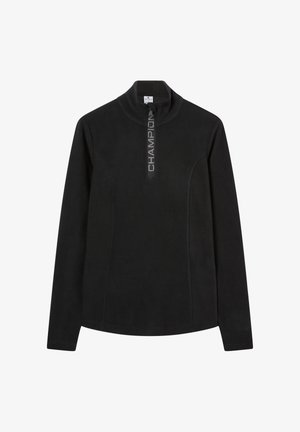 Schwarzer Fleece-Pullover mit einem Viertel-Reißverschluss-Kragen, der ein graues "CHAMPION"-Logo auf der Vorderseite und lange, figurbetonte Ärmel aufweist.