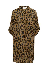 Robe-chemise marron ample avec imprimé léopard noir, boutonnage devant, manches longues retroussées et poche poitrine.