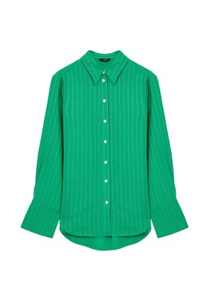 Green long-sleeve button-up shirt with white vertical stripes and wide cuffs, featuring a pointed collar and slightly curved hem.