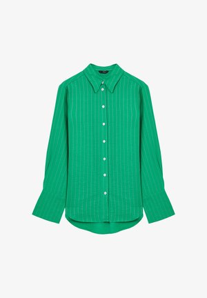 Grünes Langarmhemd mit weißen vertikalen Streifen und breiten Manschetten, mit spitzen Kragen und leicht geschwungenem Saum.