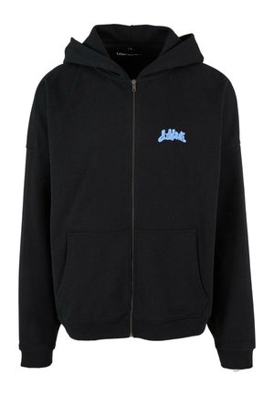 Zwart zip-up hoodie met voorzakken en een lichtblauwe "Lost Youth" tekstlogo op de linkerborst, met een capuchon en lange mouwen.
