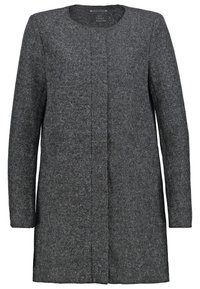 Manteau long en laine gris foncé pour femme, avec encolure ronde et fermeture avant cachée.