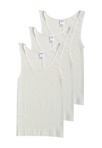 Tre canottiere color crema con scollo rotondo, realizzate in tessuto leggero, con spalline sottili e orlo con cuciture minime.