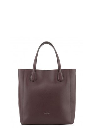 Sac cabas en cuir marron foncé avec deux poignées et nom de marque embossé discrètement au centre sur le devant.