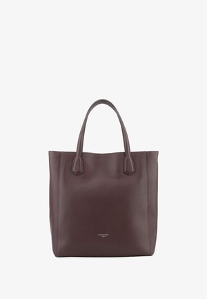 Sac cabas en cuir marron foncé avec deux poignées et nom de marque embossé discrètement au centre sur le devant.