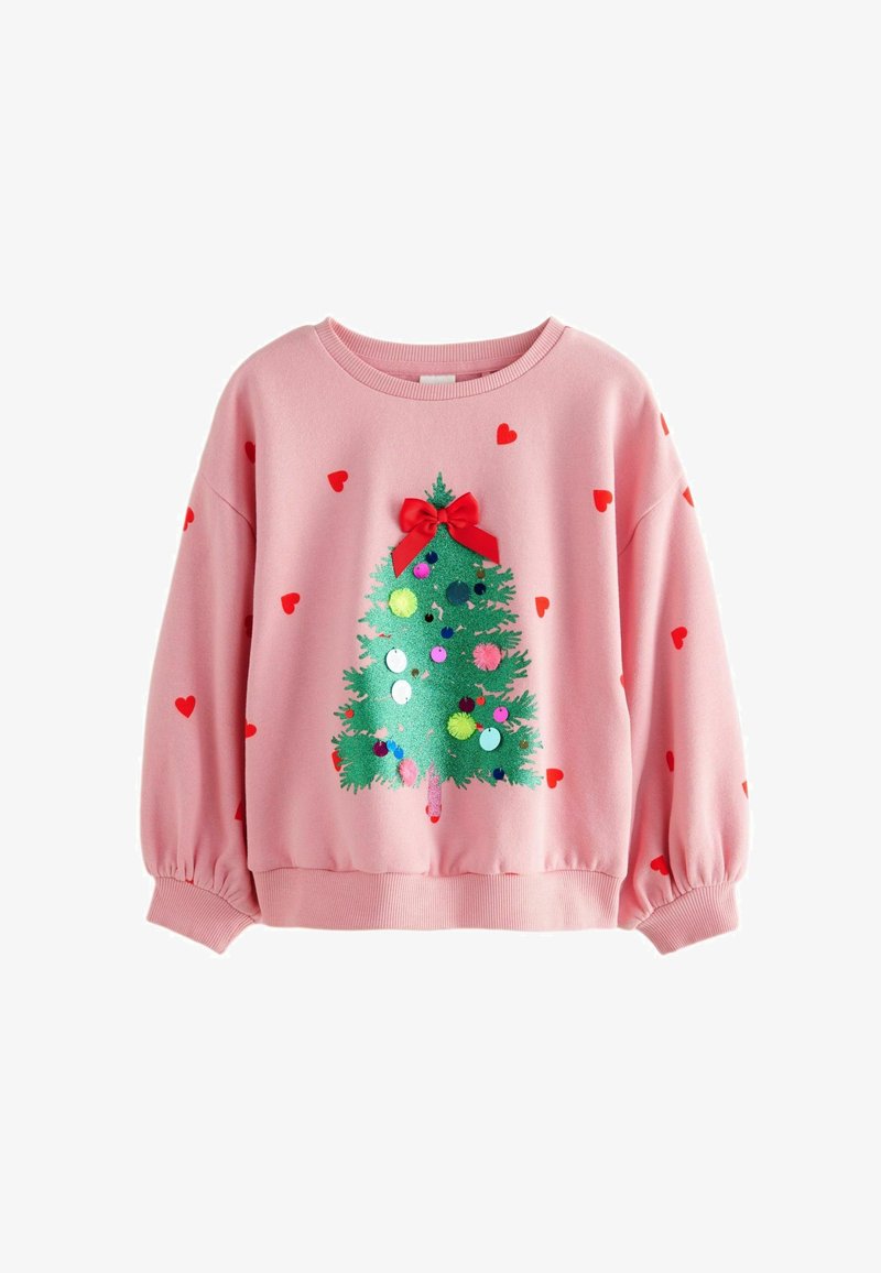 Pink sweatshirt featuring a green Christmas tree graphic embellished with sequins and colorful pom-poms, accented by red heart patterns.