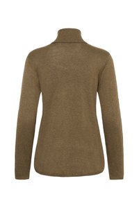 Brauner Rollkragenpullover mit langen Ärmeln, glatter Textur und geripptem Kragen. Verfügt über eine taillierte Passform und eine neutrale Farbe für Vielseitigkeit.