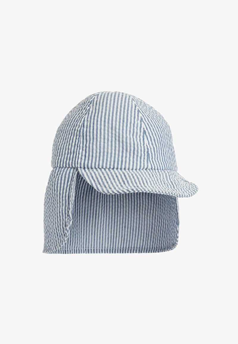 Stribet stof kasket i lys blå og hvid, med en buet skygge og forlænget flap til nakkebeskyttelse, designet til solbeskyttelse.