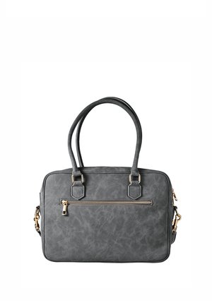 Grijze rechthoekige handtas met twee handvatten, voorvak met rits en goudkleurige ritssluiting en hardware-accenten op een witte achtergrond.