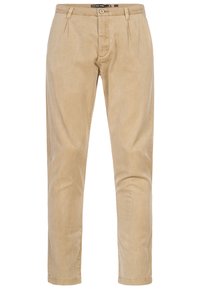 Pantalon beige en coton avec une texture lisse. Dispose d'une fermeture éclair, d'un bouton et de plis à l'avant. Design ajusté et jambes droites.