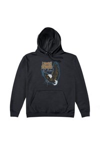 Sudadera negra con un gráfico frontal de un águila y el texto "Lynyrd Skynyrd" en naranja, con un bolsillo tipo canguro y capucha con cordón.