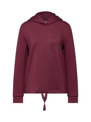 Burgundská mikina vyrobená z měkké pleteniny. Má stahovací šňůrku na spodním lemu, dlouhé rukávy a široký výstřih. Hladký povrch.