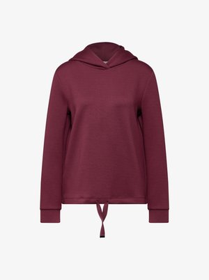 Burgundowa bluza z kapturem wykonana z miękkiej dzianiny. Posiada sznurek u dołu, długie rękawy i szeroki dekolt. Gładka faktura.