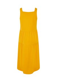 Gelbes ärmelloses Kleid mit quadratischem Ausschnitt und gestuftem Design. Hergestellt aus weichem Stoff mit fließender Silhouette und abgerundetem Saum.