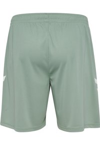 Hellgrüne Sportshorts mit elastischem Bund und weißen Logomarkierungen an den Seiten, Ansicht von hinten.