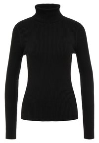 Schwarzes geripptes Rollkragenoberteil mit langen Ärmeln. Aus weichem Stoff gefertigt, verfügt es über ein tailliertes Design und einen hohen Kragen, ideal zum Layering.