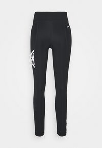 Czarne legginsy sportowe z wysokim stanem, z białymi nadrukami logo na dolnej lewej nodze. Wykonane z elastycznego, gładkiego materiału.