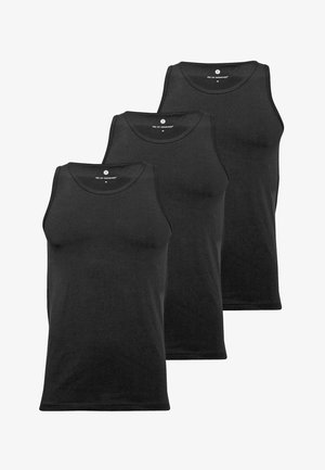 Pakke med tre sorte bomulds tanktoppe med rund udskæring, ærmeløst design og færdige kanter. Glat tekstur, ingen synlige mønstre.